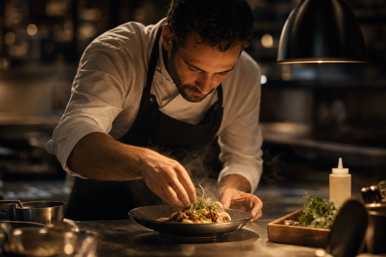 Chef plating a dish in a restaurant kitchen