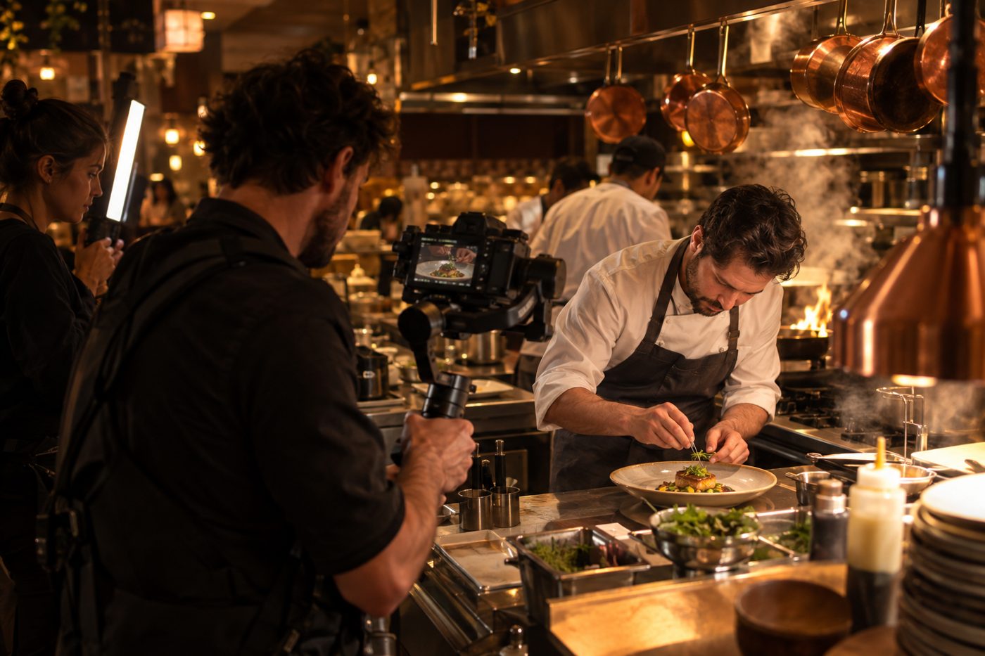A Savrli videographer filming a chef plating a dish in a busy restaurant kitchen