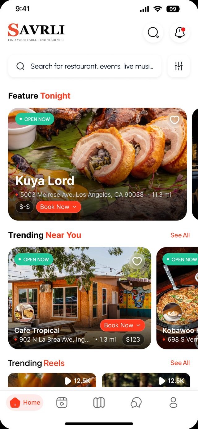 The Savrli app home screen showing featured restaurants, trending places nearby and local events