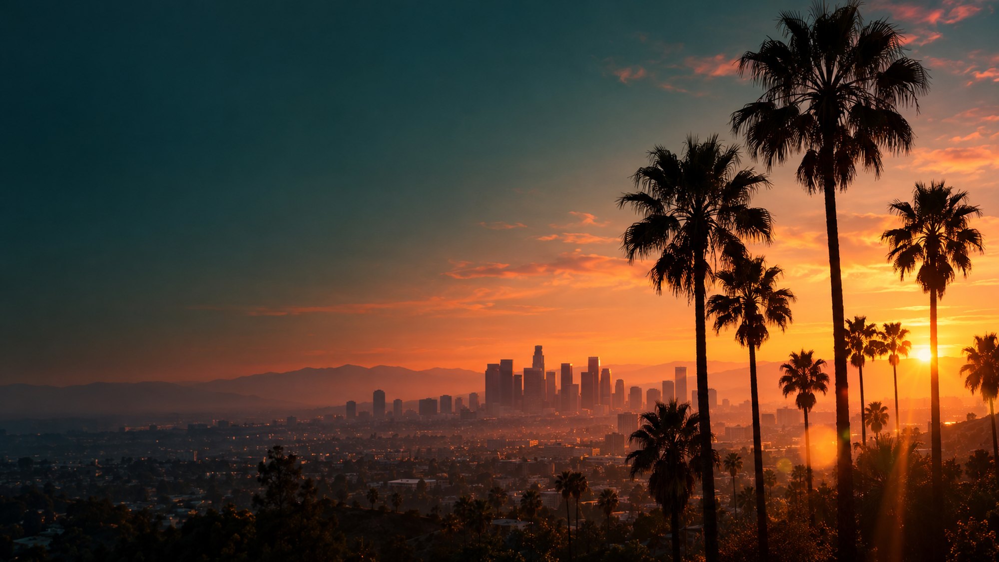 Palm trees silhouetted against a city skyline at sunset