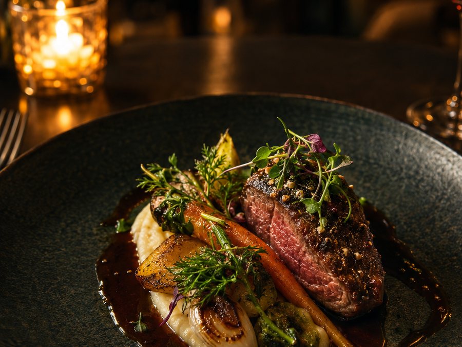 Plated dish in a candlelit dining room