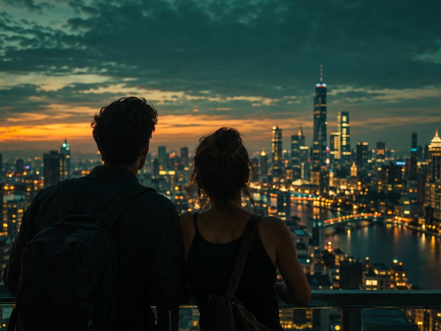 Two people looking out over a city skyline at dusk