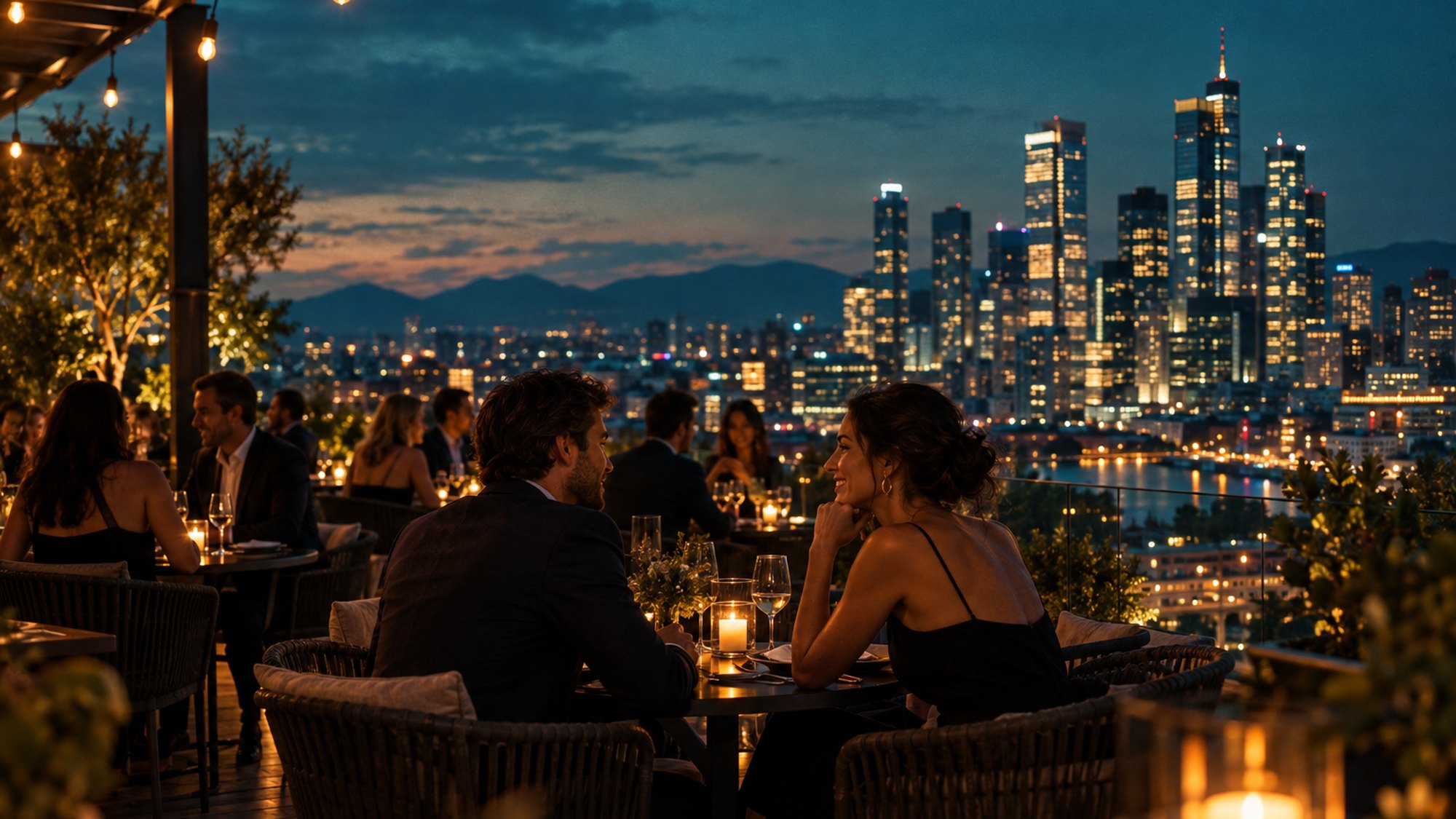 Rooftop restaurant terrace at dusk overlooking a lit city skyline