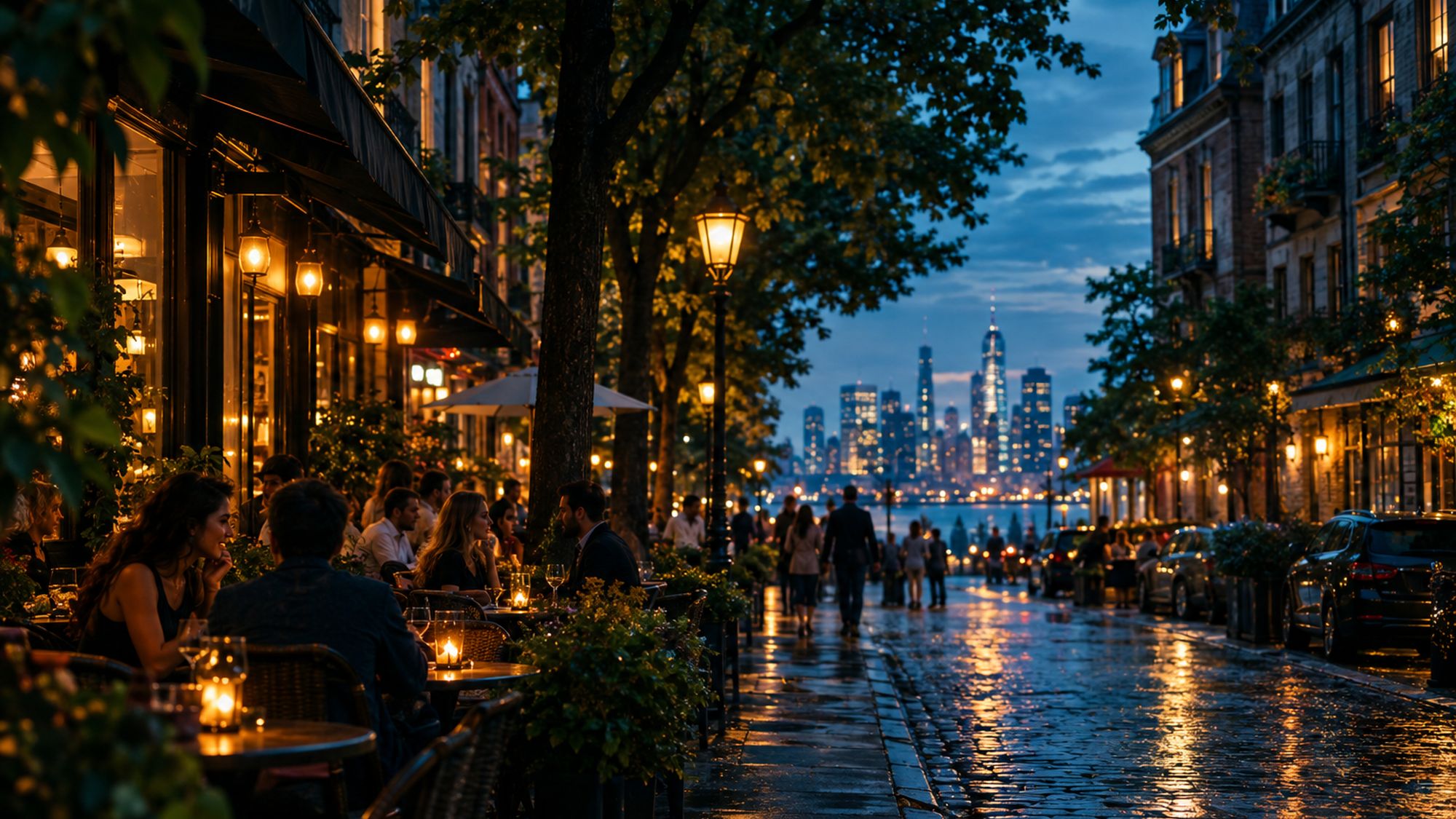 A city neighborhood street at dusk with outdoor dining and the skyline beyond