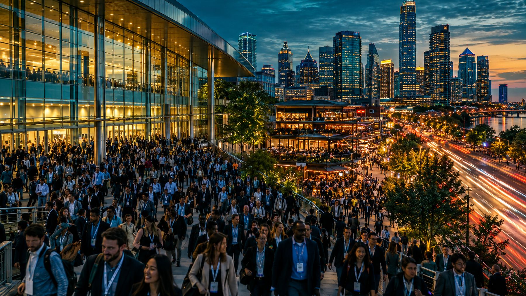 Attendees leaving a convention center at dusk heading into the city restaurant district