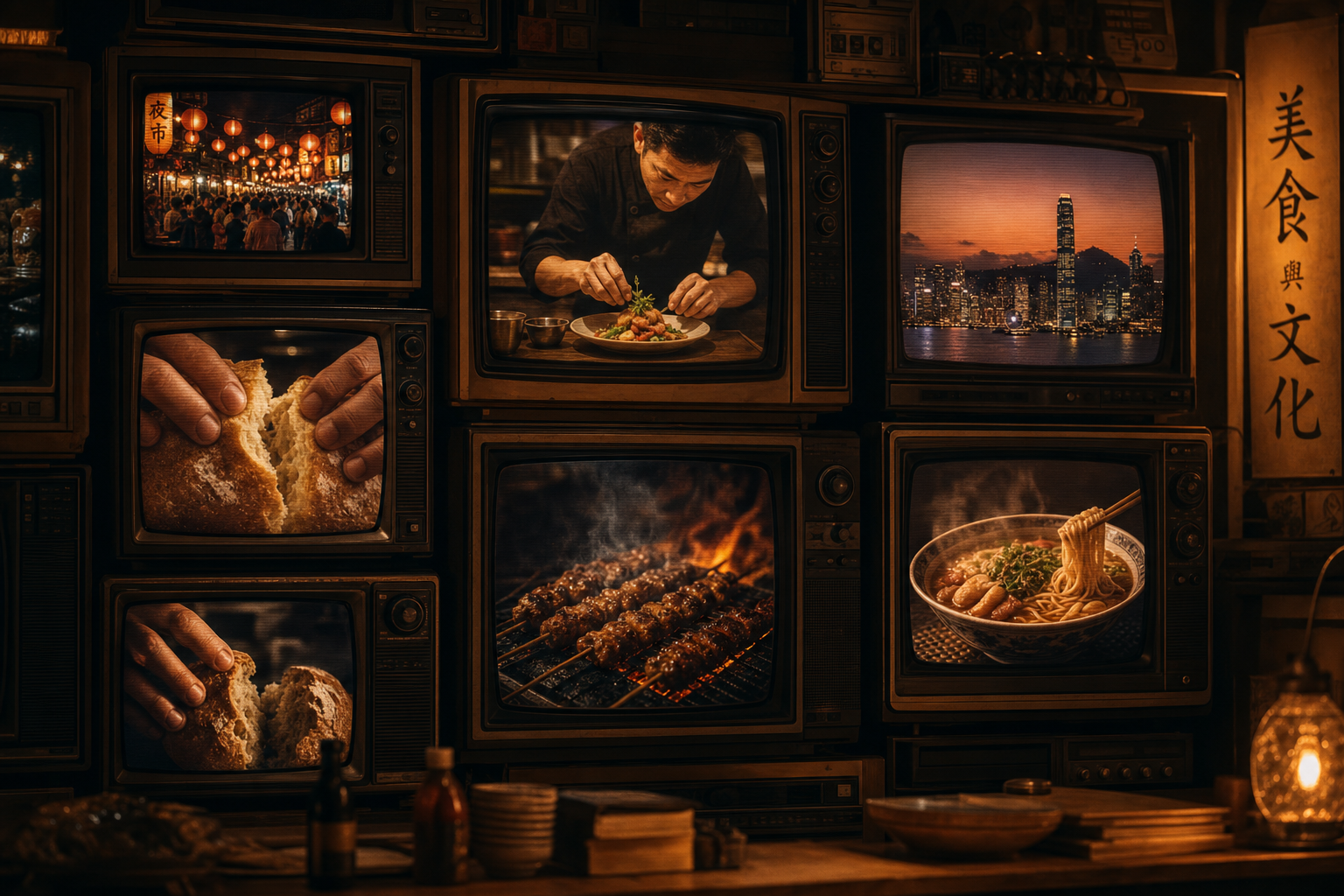A wall of vintage televisions, each playing scenes from a different food and culture show.