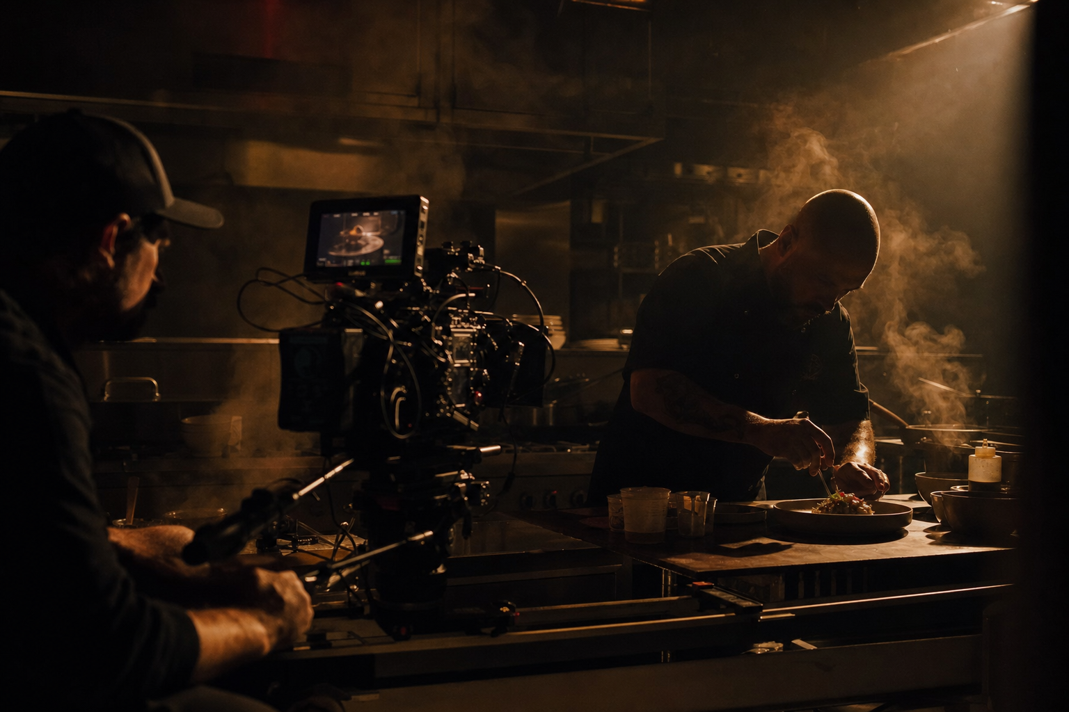 A film camera trained on a chef plating in a dimly lit production kitchen.